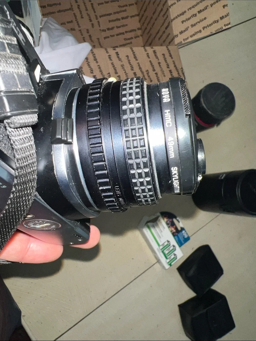 Pentax 35mm Camera with Cream and Red Branded Strap Untested